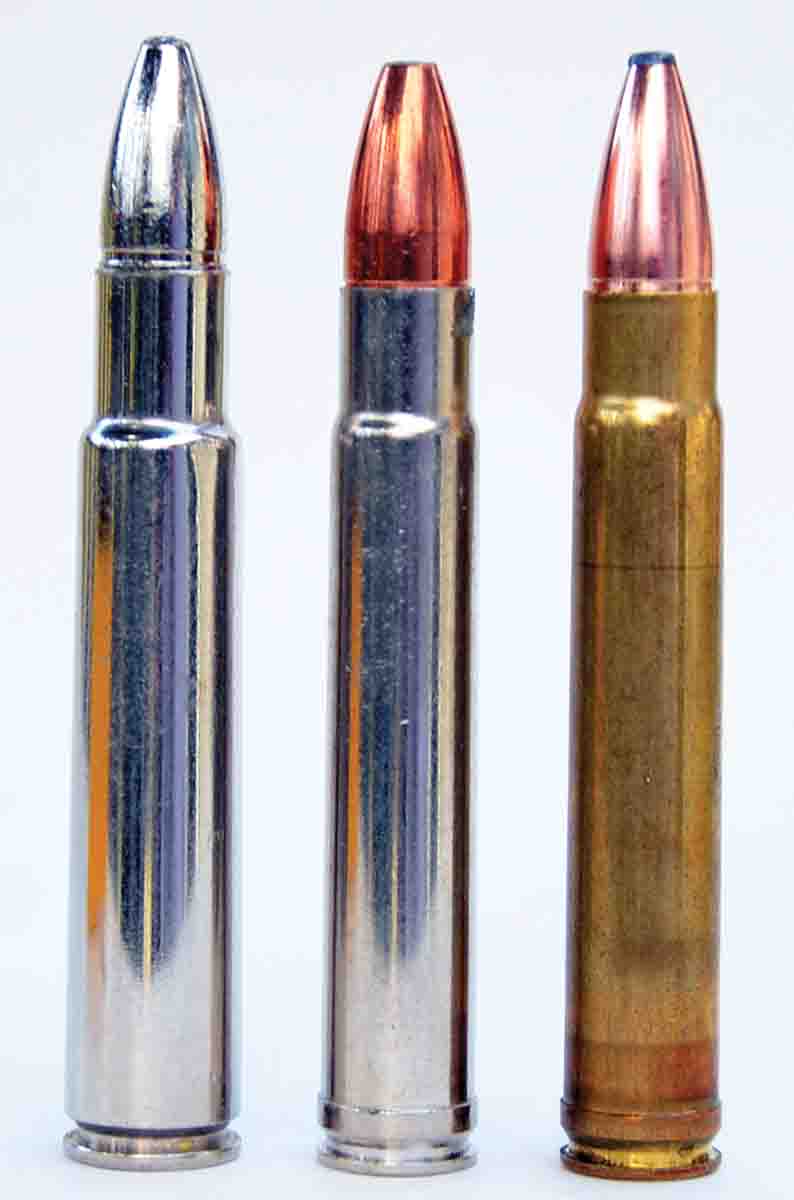 George Hoffman wanted a rifle in 416 Rigby, but its cost was beyond his budget, so he developed his own cartridge of the same caliber on the 375 H&H Magnum case. With later changes made to the Hoffman case, it became known as the 416 Remington Magnum. The Remington cartridge can be fired in a rifle chambered for the Hoffman cartridge but not conversely. Left to right: a 416 Rigby, a 416 Remington Magnum and a 416 Hoffman.